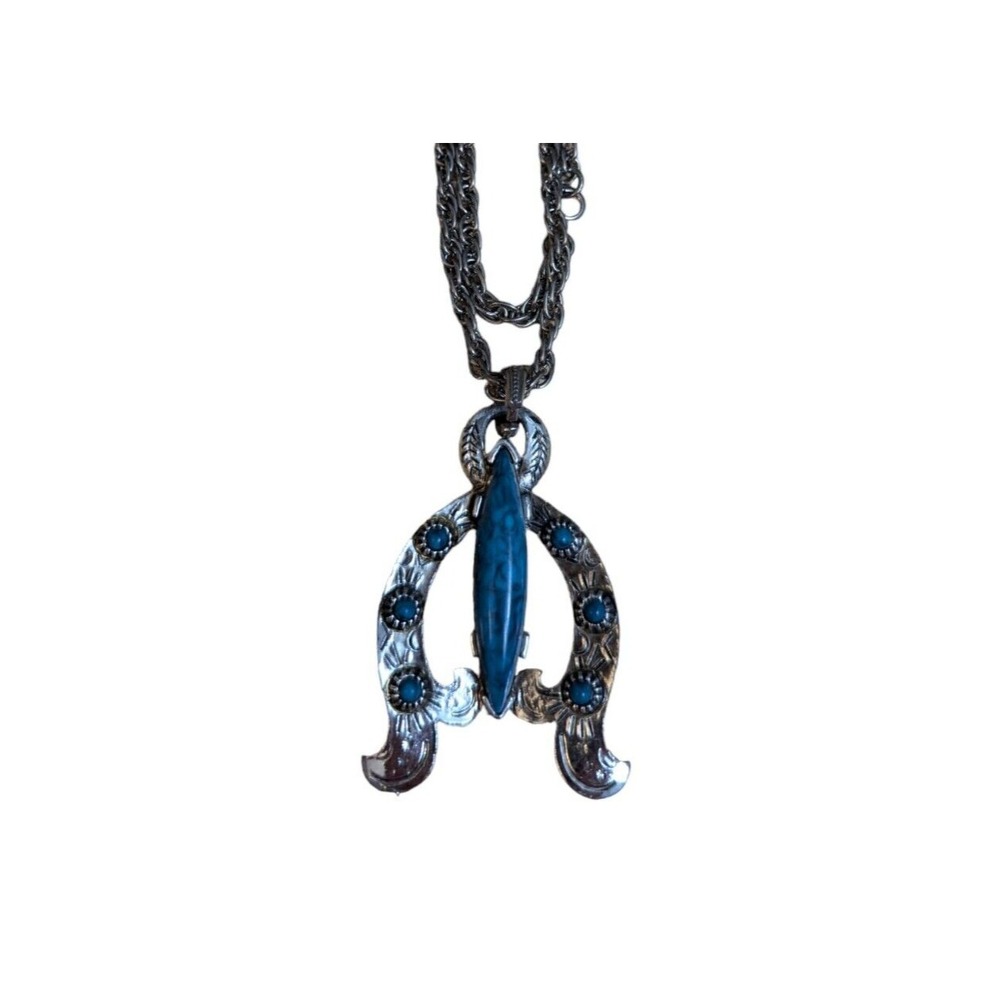 Royal  turquoise & silver tone necklace Western horseshow statement piece‎ 24"